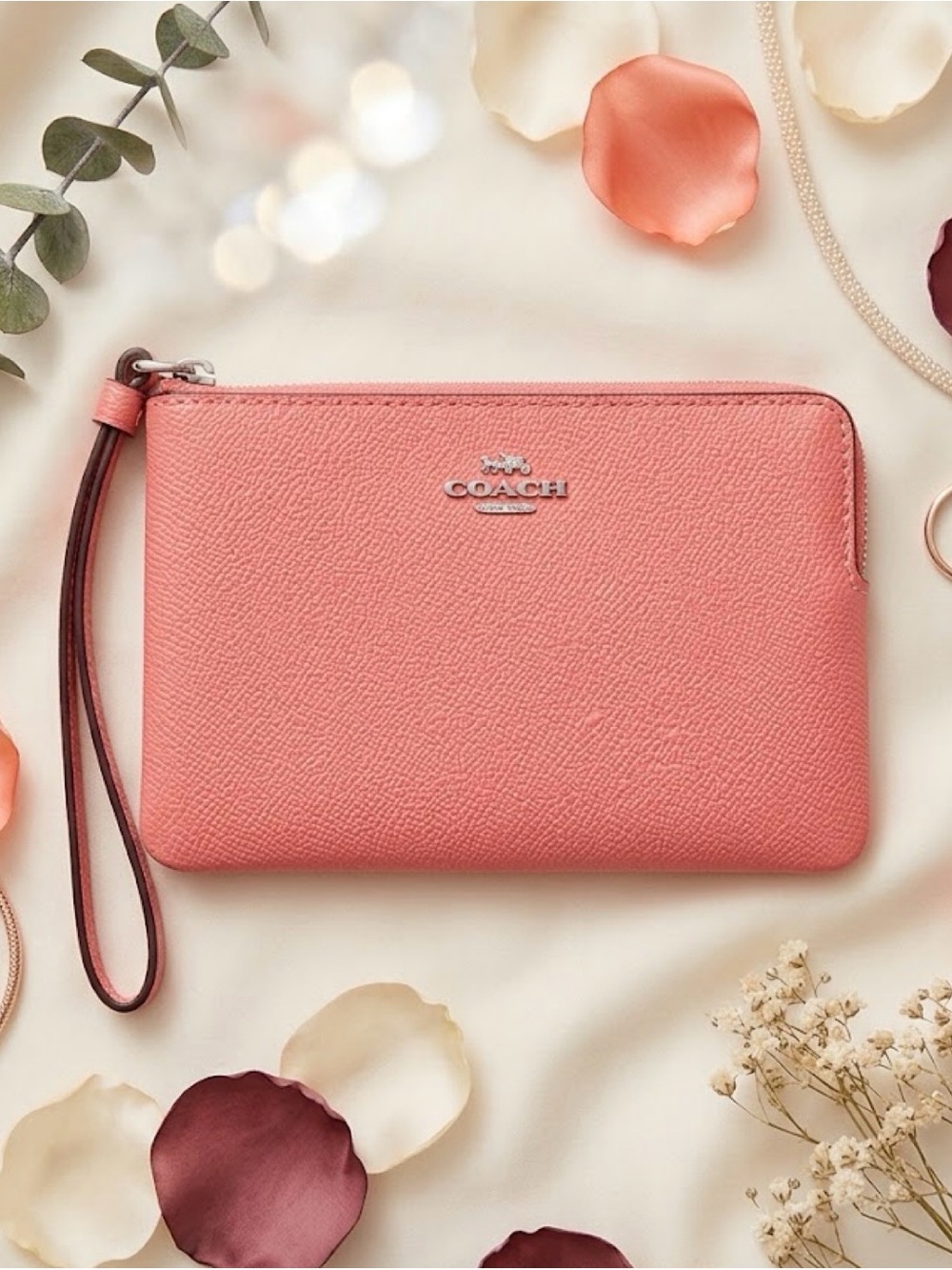Coach Coral Pebbled Leather Wristlet Clutch